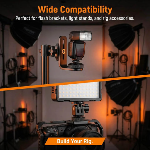 Camera rig setup with flash and light panel in a studio showing compatibility with Five Pack Thumb Nuts 1/4-20 Female Screws