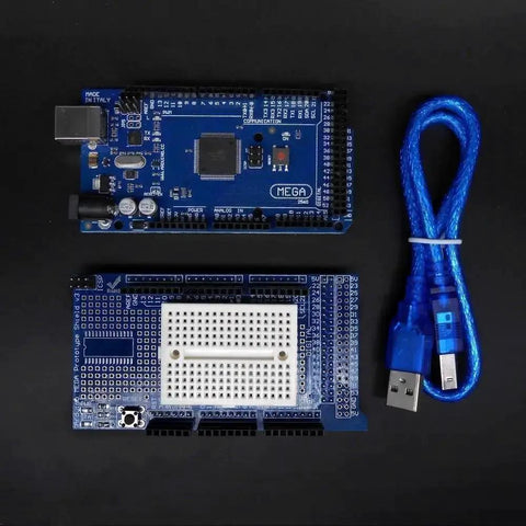 Ultimate STEM Electronics Starter Kit with Mega 2560 board, blue USB cable, and proto shield on black background