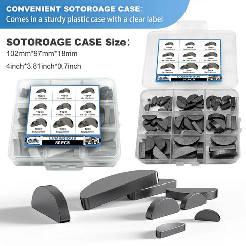 Open case showing Woodruff Key Set 80 Pieces 9 Sizes Carbon Steel Pro Grade Semicircular Half Moon Keys for fasteners.