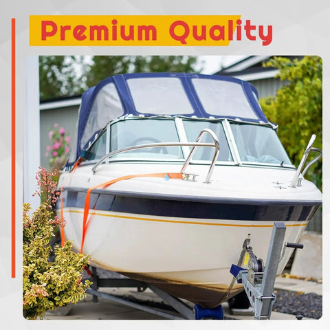 Boat trailer surge brake lockout kit; orange tie-down strap securing a white-hulled boat with navy stripe.