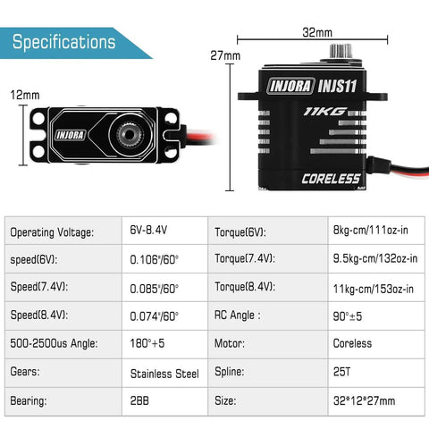 Side Wire Exit Coreless Digital Micro Servo With Metal Gear Beefy 11KgCm Torque Fast Response specifications diagram