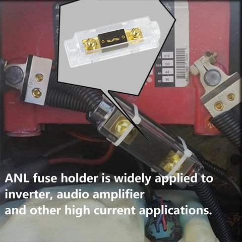 Close-up of Three Pack 300 Amp ANL Fuse Holder Block for Car Audio with 300A ANL fuses and solid brass terminals.