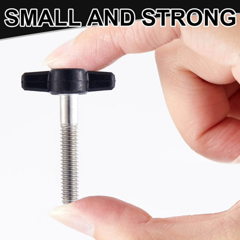 Close-up of hand holding a 16 Pack Stainless Steel Thumb Screws With Adjustable Tee Wing Plastic Knobs For Quick Hand Tightening And Removal Quarter Inch Thread Twenty Threads Per Inch Black Wing Knobs