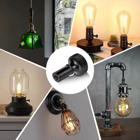 Antique Brass Lamp Switch Knob Replacement Universal Fit For Standard Lamps surrounded by various styled lamps with vintage bulbs.