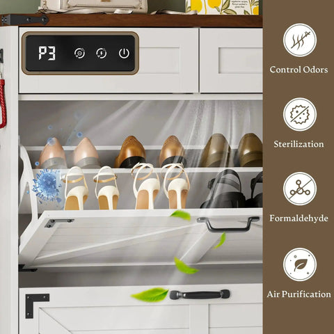 Farmhouse Narrow Shoe Cabinet With Odor Control Deodorizer 2 Flip Drawers displaying shoes in entryway storage.