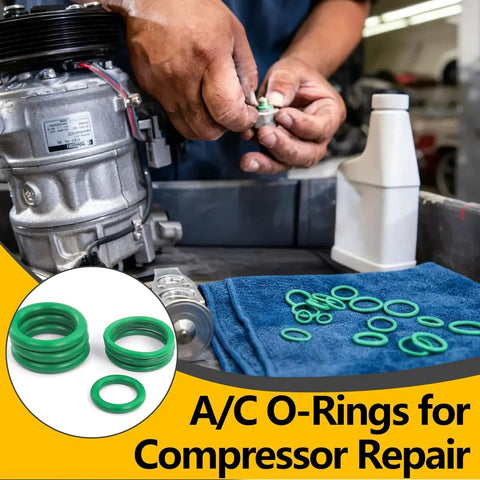 Mechanic using Ultra Value 265 Piece AC O Ring And Gasket Seal Kit For R134a Systems with line seals and washers on compressor