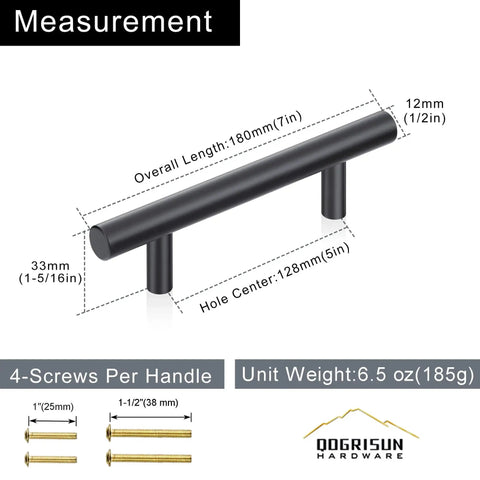 Solid Brass Cabinet Pulls 4 Pack Matte Black Euro T Bar Handles With 5 Inch Hole Center measurement guide