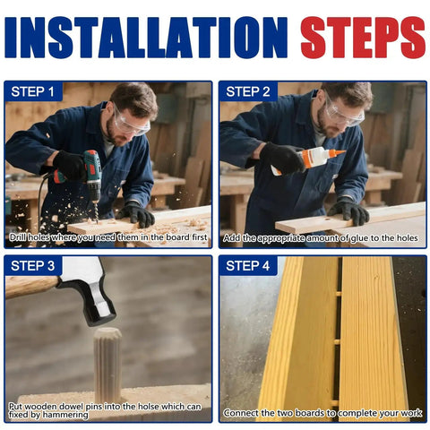 Step-by-step guide for installing fluted wood dowels in a woodworking project using glue and a drill.