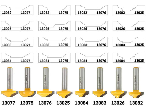 Set of CNC cabinet door raised panel router bits with diagrams, 1-1/2 inch diameter, 1/2 inch shank, 30-degree bevel for woodworking.