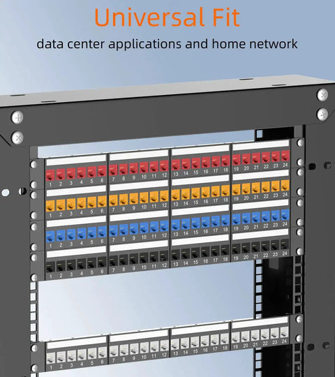 Image of patch panel with RJ45 Keystone Jack Cat6 10G Ready Slim 90 Degree UTP Keystone Jacks 25 Pack installed, showcasing high-density network configuration.