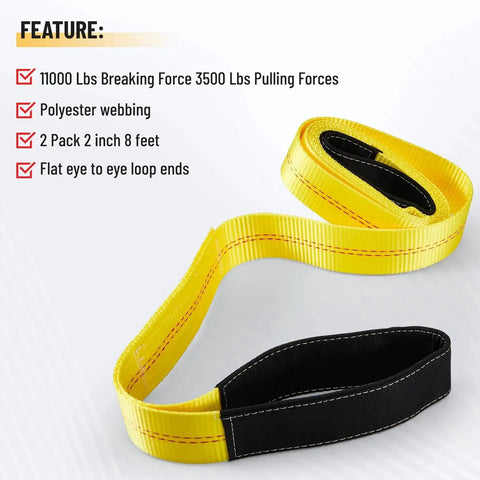 Pindex 2-pack lifting slings, 2 in x 8 ft, yellow polyester webbing with flat eye-to-eye loop ends