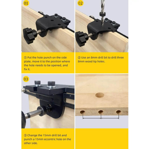 All In One Dowel Jig Kit With Adjustable Width Self Centering Doweling Locator showing 8Mm and 15Mm drill bit steps on wood.
