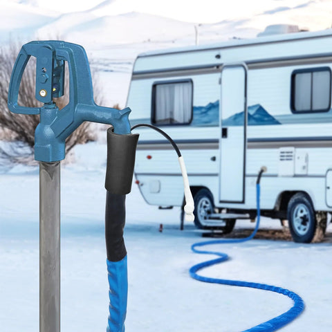 RVMATE heated RV water hose, 35ft blue insulated hose with thermostat, outdoors beside a snowy RV.