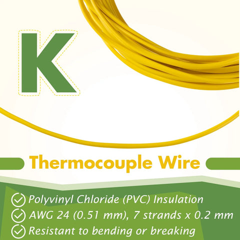 K-type thermocouple wire, AWG 24 solid, yellow PVC insulation coil
