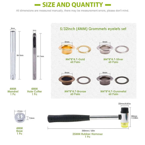 All In One Eyelet Grommet Kit With 240 Pcs 4mm 5/32 Inch Thickened Metal Eyelets And Washers Include Punch Cutter Rubber Hammer And Four Tools