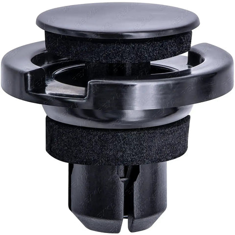 Close-up of Rocker Molding Push Type Retainer With Sealer For Subaru 909140055 for 2006 Subaru models, black plastic, head diameter 25mm.