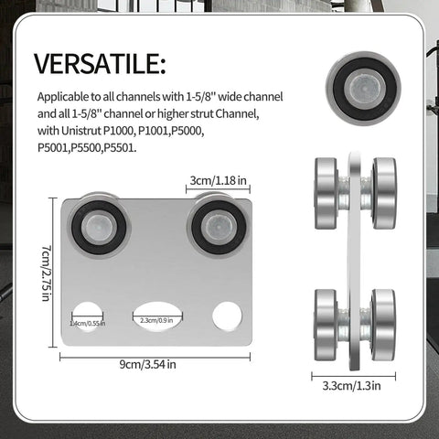 Side and front view of Four Wheel Trolley Assembly Rollers With Bearing For Use With One And Five Eighths Inch Wide And Taller Strut Channel