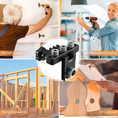 3-In-1 Dowel Jig Kit With Self Centering Doweling And Pocket Hole Jig For Straight Holes in various woodworking scenarios.