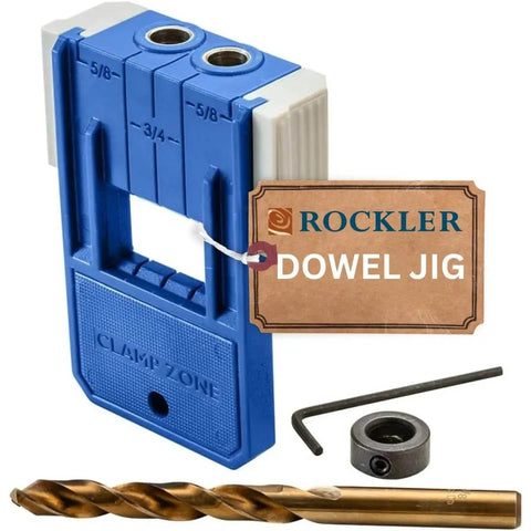 3/8 Inch Doweling Jig Kit With Drill Bit And Stop Collar, blue tool with steel bushings, includes hex wrench
