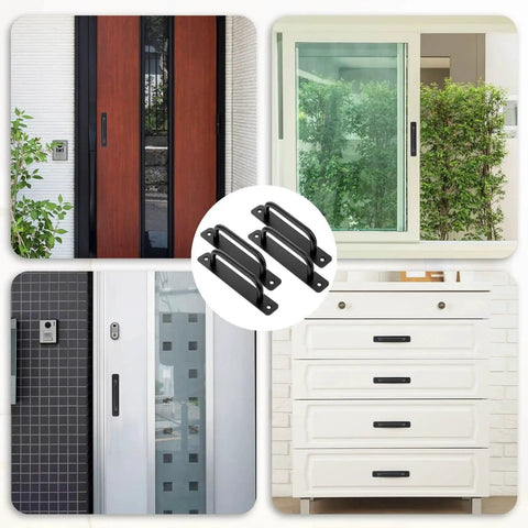 4 Pack Black Aluminum Alloy 5 Inch Hole Center Gate Handles For Sliding Barn Doors And Bifold Closet Doors With Plate Includes 8 Screws Durable Door Pull Handles For Pocket Doors Heavy Duty Construction shown with various installed examples including sliding doors and cabinet drawers.