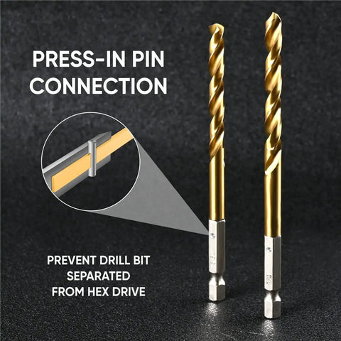 Titanium HSS Twist Drill Bit Set With 1/8 Inch Hex Shank, 10-Piece, Impact Ready For Metal Steel Wood Plastic, Press-In Pin Detail