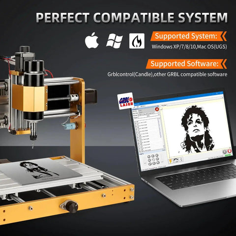 Boss 500W All Metal CNC Router Machine With 3 Axis GRBL Offline Control and Emergency Stop next to a laptop displaying software