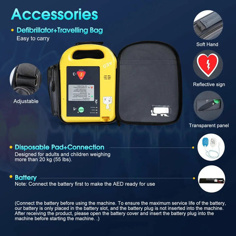 Home Portable AED Defibrillator For Emergency Use with accessories including bag, pads, and battery shown.