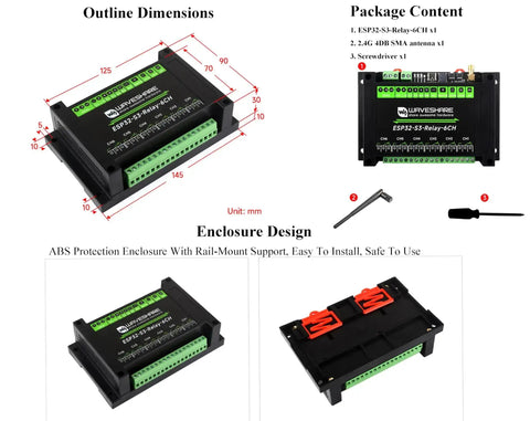 Outline dimensions and package content of Beefed-Up 6 Channel ESP32 S3 WiFi Relay Module for AIoT projects.