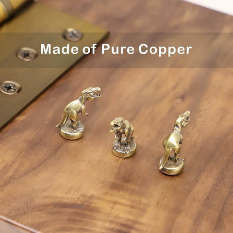 Magnetic Hinge Head T Rex Set Of 3 Miniature Door Topper Figures For Standard Hinges on wood surface, made of copper