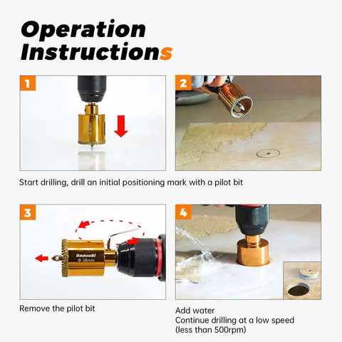 Serrated Diamond Hole Saw Kit For Precise Drilling In Porcelain Ceramic Tile Granite And Marble With 2 Removable Pilot Bits Easy Align One And A Quarter Inch Hole Saw Built Tough DaduoRi in operation, showing drilling process on ceramic tile.