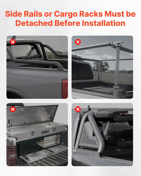 Image showing installation warnings for Soft Roll Up Truck Bed Tonneau Cover for 6 Ft 4 In Beds, highlighting removal of side rails or cargo racks.