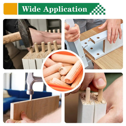 255 Piece Wood Dowel Set With One Quarter, Five Sixteenths, And Three Eighths Inch Fluted Dowels used in DIY crafts and furniture assembly