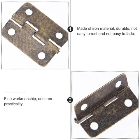 Close-up of 2 Inch Mini Folding Hinges With Screws In Antique Copper, 20 Pack For Jewelry Boxes, Wooden Cases, Small Craft Boxes, And DIY Projects