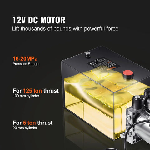 VEVOR hydraulic pump power unit with 12V DC motor, transparent yellow oil reservoir, side view