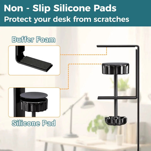 Non-slip silicone pads on clamps of Under Desk Cable Management Tray With Clamp No Drill Installation 25.3 Inch Large Capacity Metal Cord Organizer
