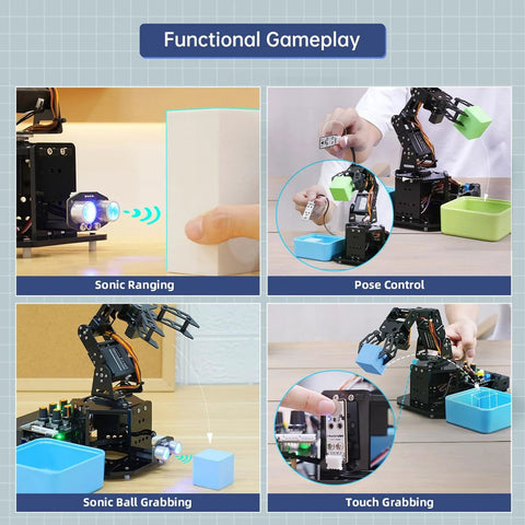 Robotic arm with Arduino 5DOF kit showing sonic ranging, pose control, ball grabbing, and touch grabbing.