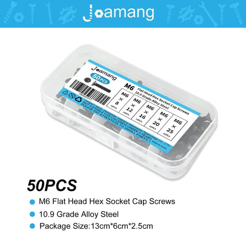 Heavy Duty M6 Flat Head Hex Socket Cap Screws Set, 50-piece assortment kit in plastic box, 10.9 grade alloy steel, black oxide finish