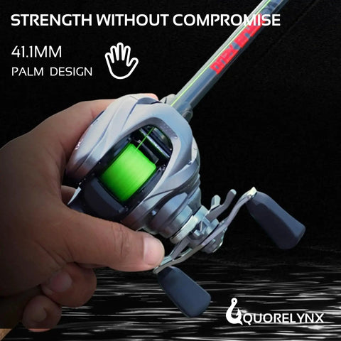 Quorelynx DC baitcasting reel, left-handed retrieve, ultralight 4.8oz with green line