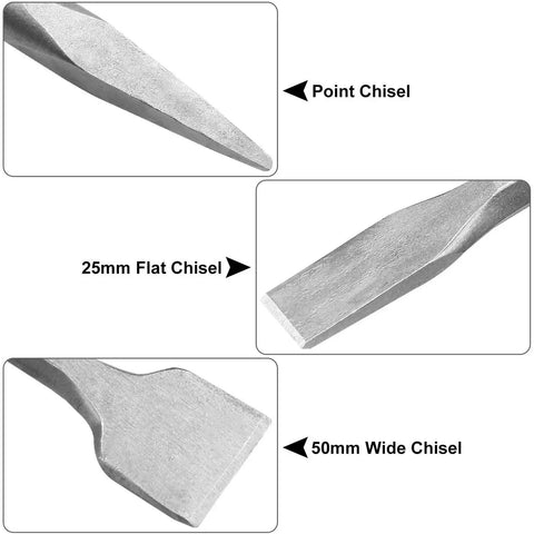 Beefy 6 Piece SDS Max Hammer Drill Chisel Set For Masonry And Concrete, 11 Inch Length, showing point, flat, and wide chisels