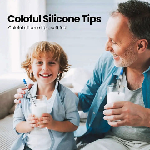 Father and son using Travel Ready Reusable Collapsible Telescoping Stainless Steel Straws 4 Pack with TSA Friendly aluminum case.
