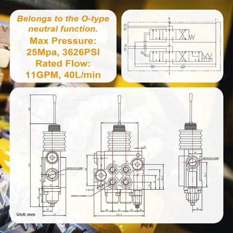 Technical diagram of Hydraulic Control Valve With Float, 2 Spool, 11 GPM Directional Valve For Log Splitters, Tractors, and Loaders.