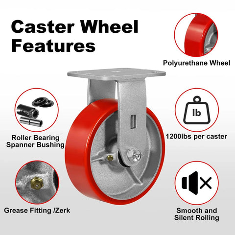 6 Inch Heavy Duty Caster Set Of 4 With 4800 Lb Capacity Polyurethane Wheel Features