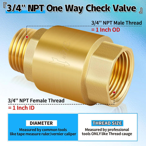 Brass 3/4 in NPT spring check valve, inline one-way backflow preventer with female to male threads.