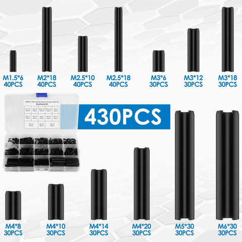 Image of Garage Ready 430 Piece Roll Pin Assortment Kit Pro Grade Carbon Steel Slotted Spring Pins for Cars with part sizes labeled