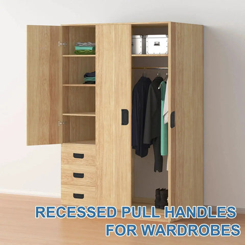 Recessed Flush Pull Door Handle Set 2 Pack Invisible Pull Handles with screws installed on wooden wardrobe cabinets.