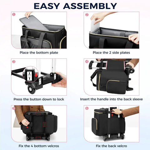 Step-by-step assembly of Rolling Teacher Bag With Detachable Dolly And File Compartment shown in six action images