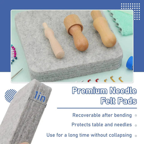 Felting Kit for DIYers and Crafters Includes 6x6 Felt Pad, 40 Assorted Needles, wooden handles on a felt pad with details