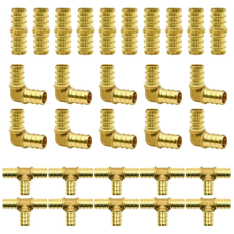 30 Piece Half Inch PEX Brass Crimp Fittings Set With Tees Elbows Couplings Straights For Hot Water And Cold Water Plumbing Systems Durable