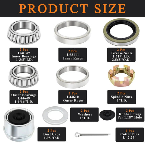 Product components of Two Sets Trailer Bearing Kit For 3500 Lb Boat Trailer Axle Bearings L68149 And L44649 Complete Kit