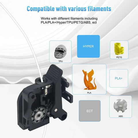 All Metal Extruder Gear Kit With DLC Coating And Perforated Lightweight Design For Creality 3D Printers, shown with filament options